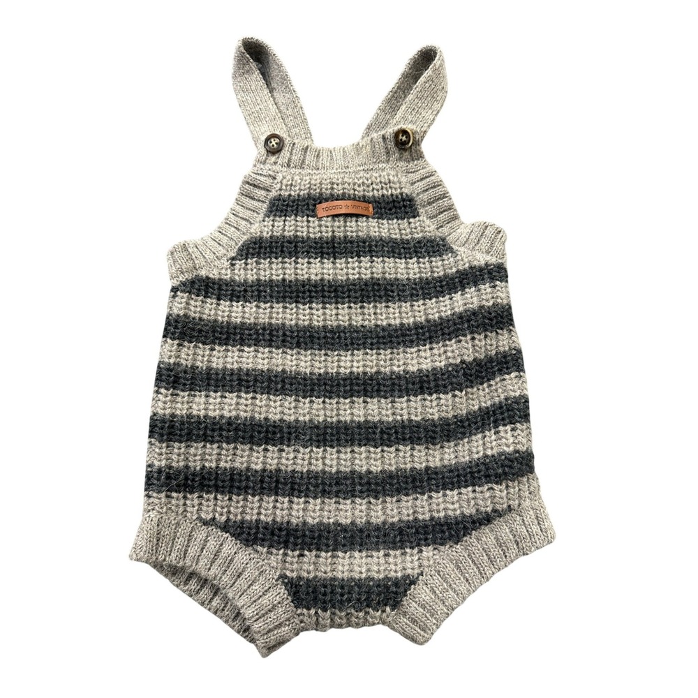 Tocoto Vintage Kids Grey Striped Wool Alpaca Knit Romper‎ Made in Spain 12M